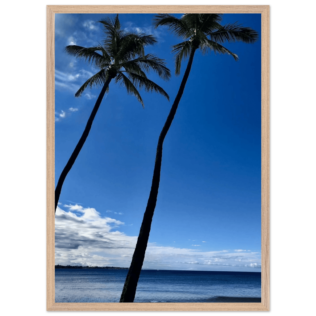 Framed Hawaii travel poster featuring iconic palm tree twins and Pacific waves, printed on quality material with a white frame.
