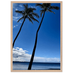 Framed Hawaii travel poster featuring iconic palm tree twins and Pacific waves, printed on quality material with a white frame.