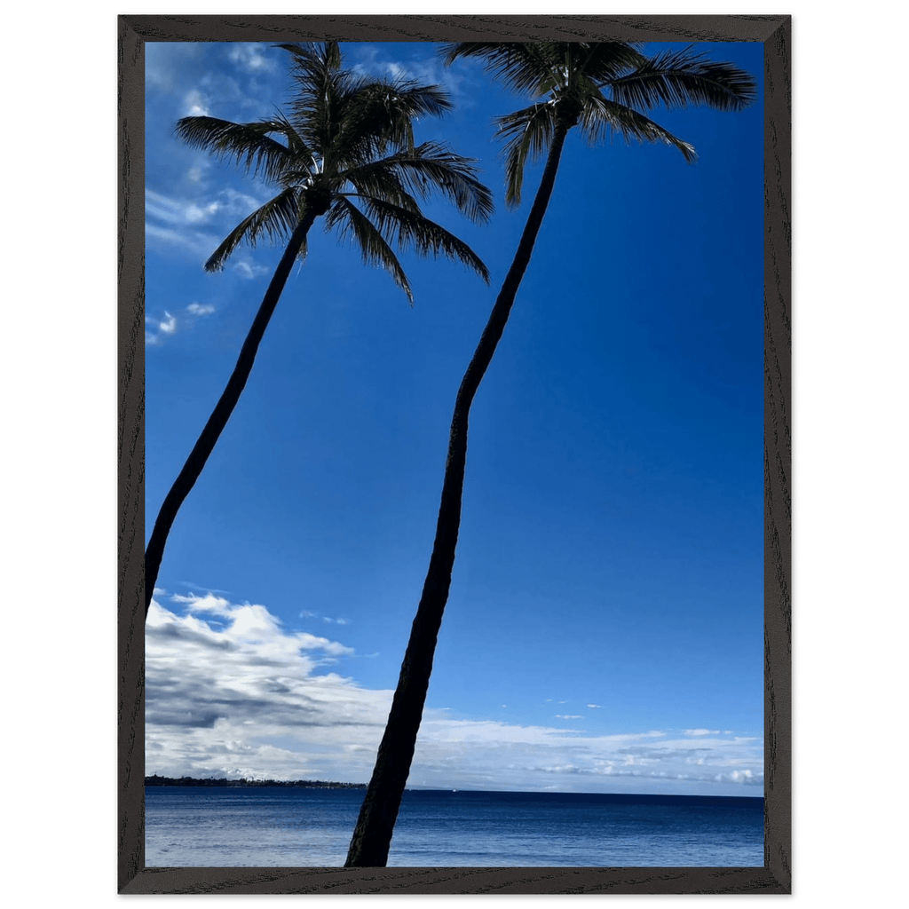 Hawaii travel poster featuring iconic palm tree twins and Pacific waves, framed print by CaliCuration, 15x20 cm.