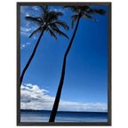 Hawaii travel poster featuring iconic palm tree twins and Pacific waves, framed print by CaliCuration, 15x20 cm.