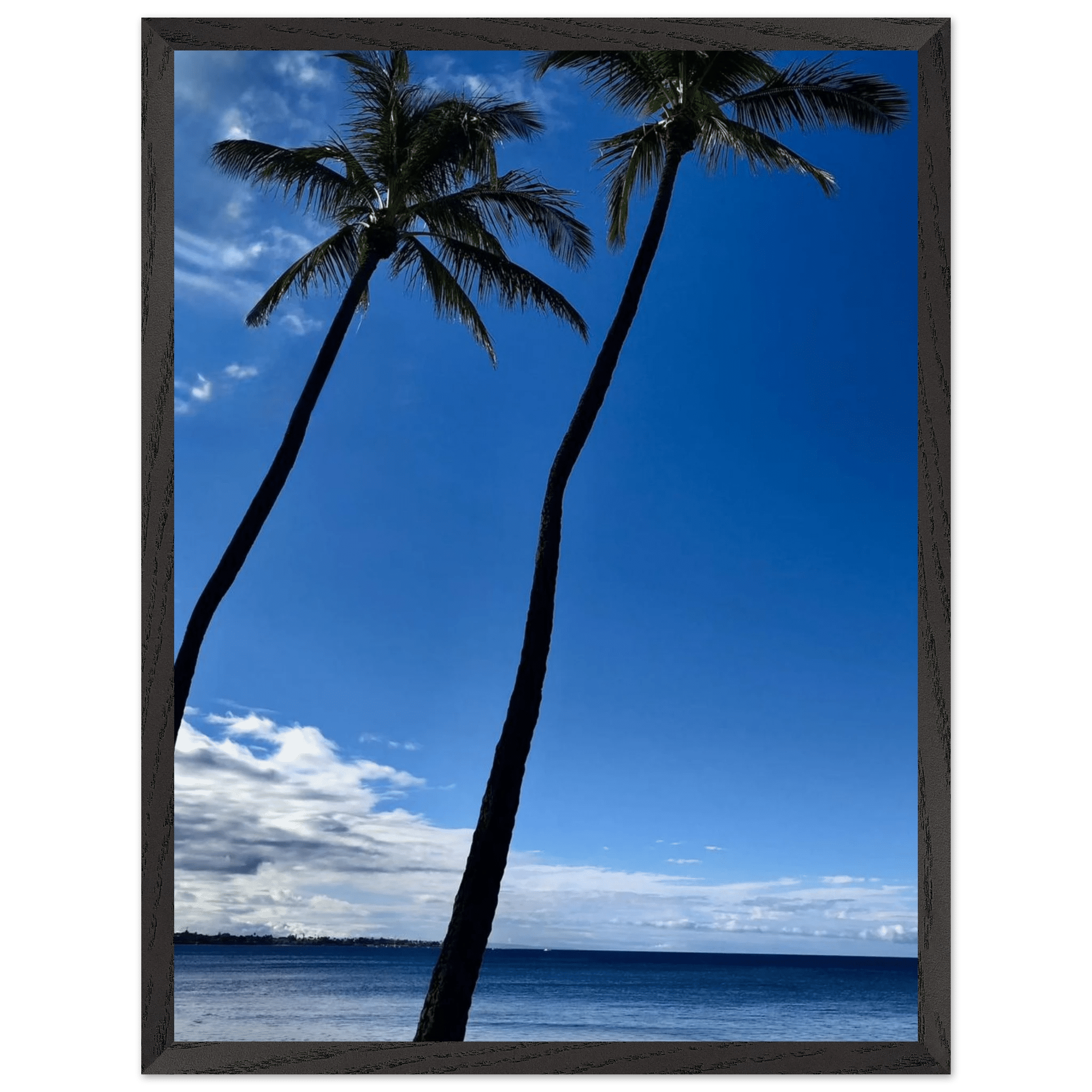 Hawaii travel poster featuring iconic palm tree twins and Pacific waves, framed print by CaliCuration, 15x20 cm.