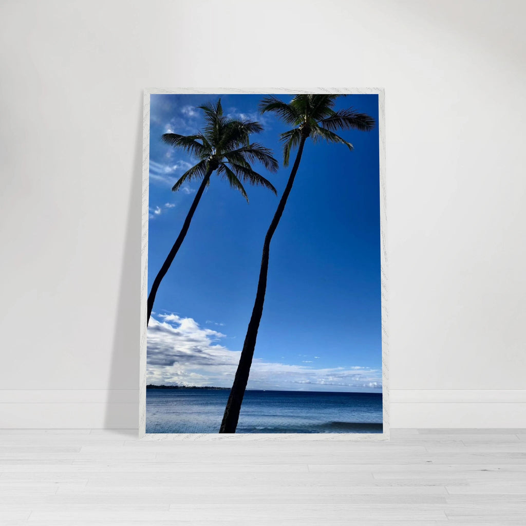 Framed Hawaii travel poster featuring iconic palm trees and Pacific waves, mounted on white frame, 15x20 cm print by CaliCuration.