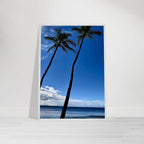 Framed Hawaii travel poster featuring iconic palm trees and Pacific waves, mounted on white frame, 15x20 cm print by CaliCuration.