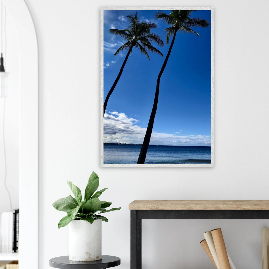 Mounted framed print of Hawaii iconic palm tree twins and Pacific waves, 15x20cm, white frame, CaliCuration travel collection.