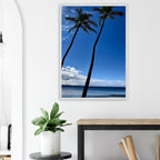 Mounted framed print of Hawaii iconic palm tree twins and Pacific waves, 15x20cm, white frame, CaliCuration travel collection.