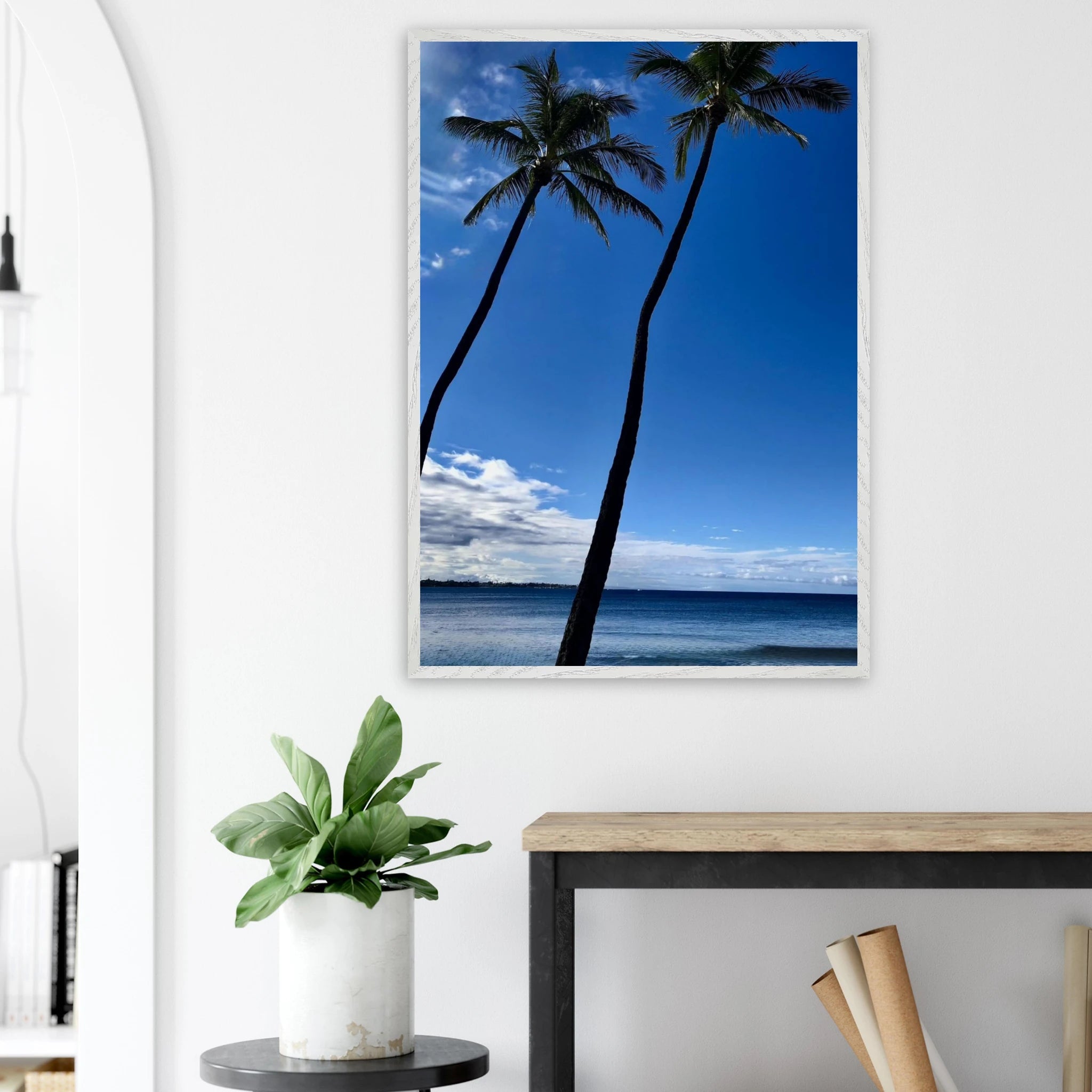Mounted framed print of Hawaii iconic palm tree twins and Pacific waves, 15x20cm, white frame, CaliCuration travel collection.