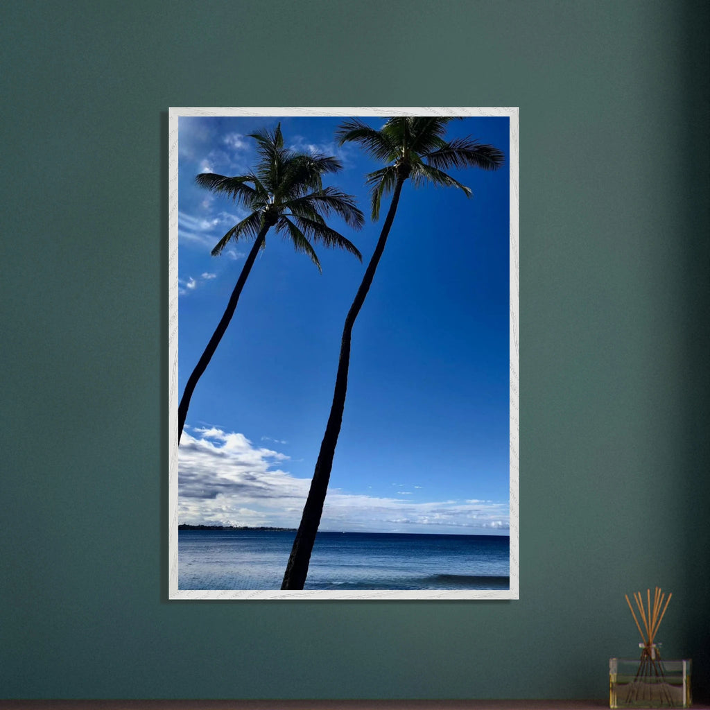 Framed print of Hawaii iconic palm tree twins and Pacific waves, CaliCuration travel collection studio edition, 15x20 cm, white frame.