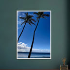 Framed print of Hawaii iconic palm tree twins and Pacific waves, CaliCuration travel collection studio edition, 15x20 cm, white frame.