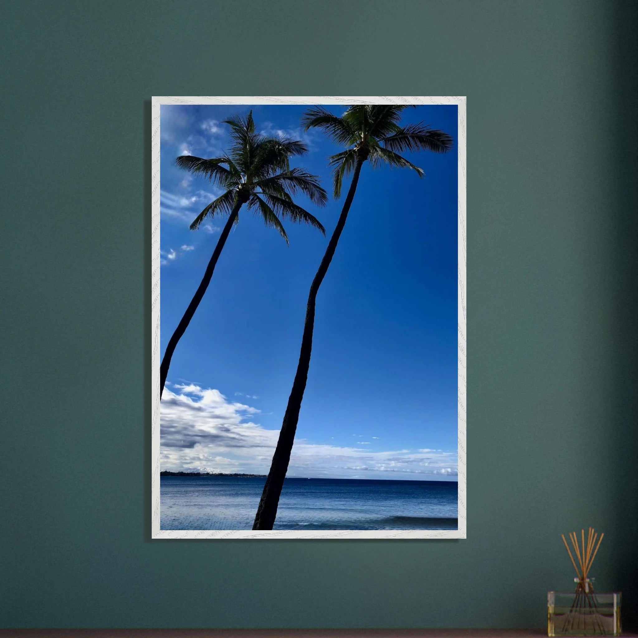 Framed print of Hawaii iconic palm tree twins and Pacific waves, CaliCuration travel collection studio edition, 15x20 cm, white frame.