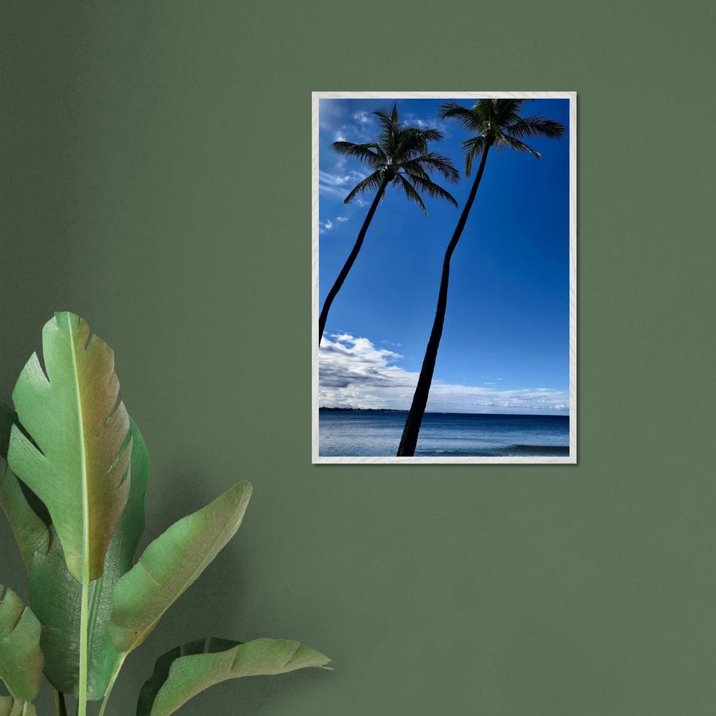 Framed print of Hawaii iconic palm trees and Pacific waves from CaliCuration's travel collection, 15x20 cm with white frame.