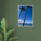 Framed print of Hawaii iconic palm trees and Pacific waves from CaliCuration's travel collection, 15x20 cm with white frame.