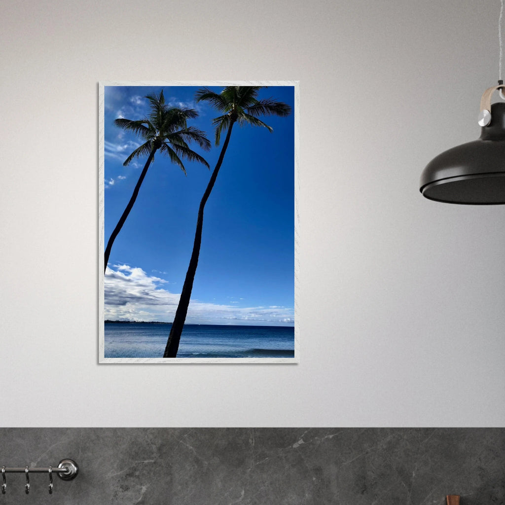 Framed Hawaii travel poster featuring iconic palm trees and Pacific waves by CaliCuration, 15x20 cm print with white frame.