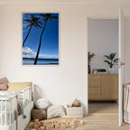 CaliCuration Hawaii framed poster featuring iconic palm trees, twin palms, and Pacific waves in a white frame, 15x20 cm print.