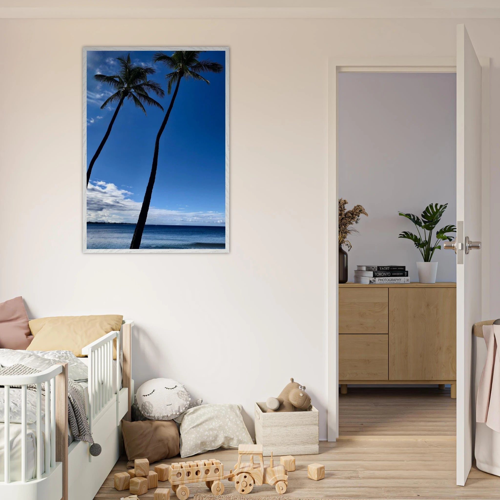 CaliCuration Hawaii framed poster featuring iconic palm trees, twin palms, and Pacific waves in a white frame, 15x20 cm print.