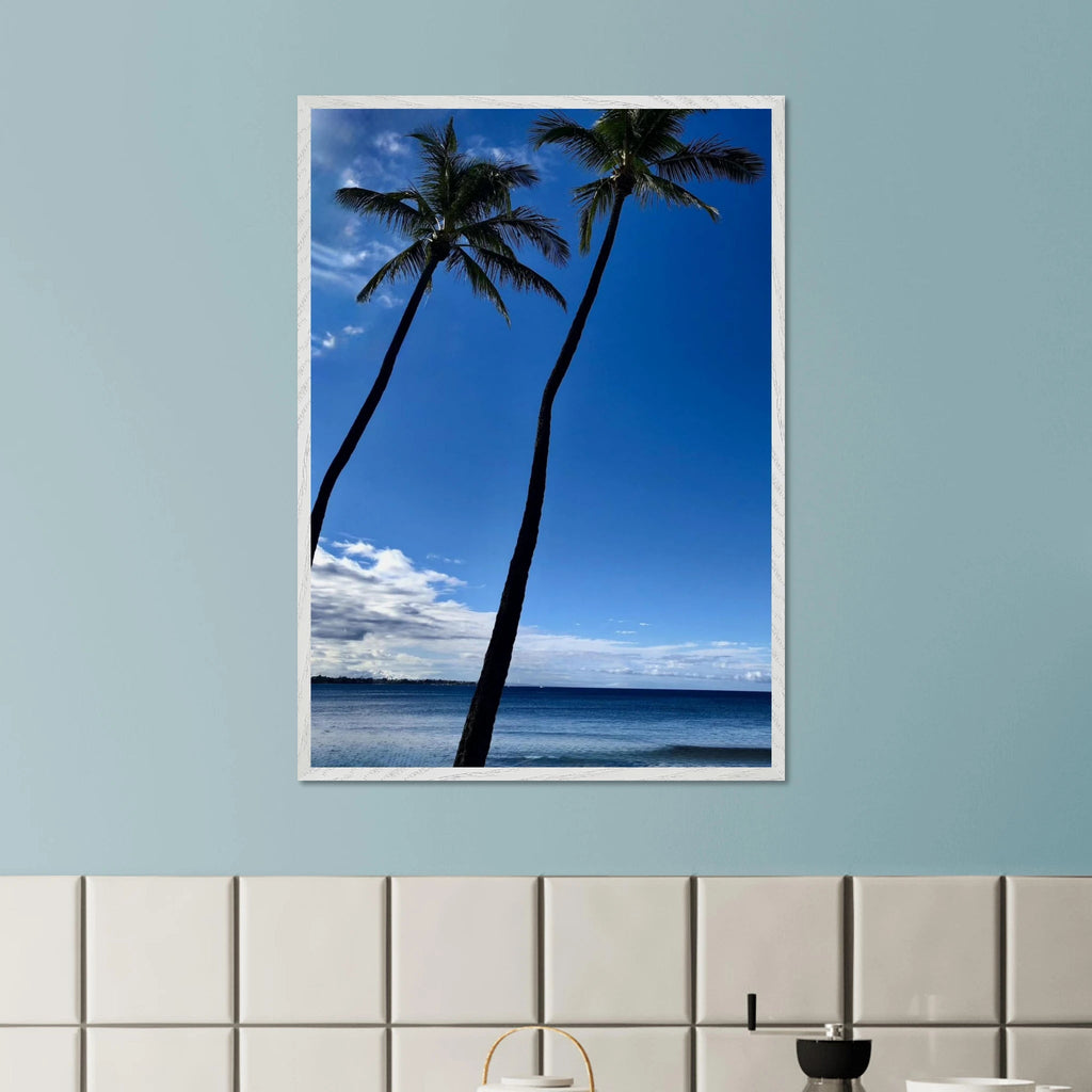 Framed print of Hawaii iconic palm trees and Pacific waves, CaliCuration travel collection studio edition, 15x20 cm.