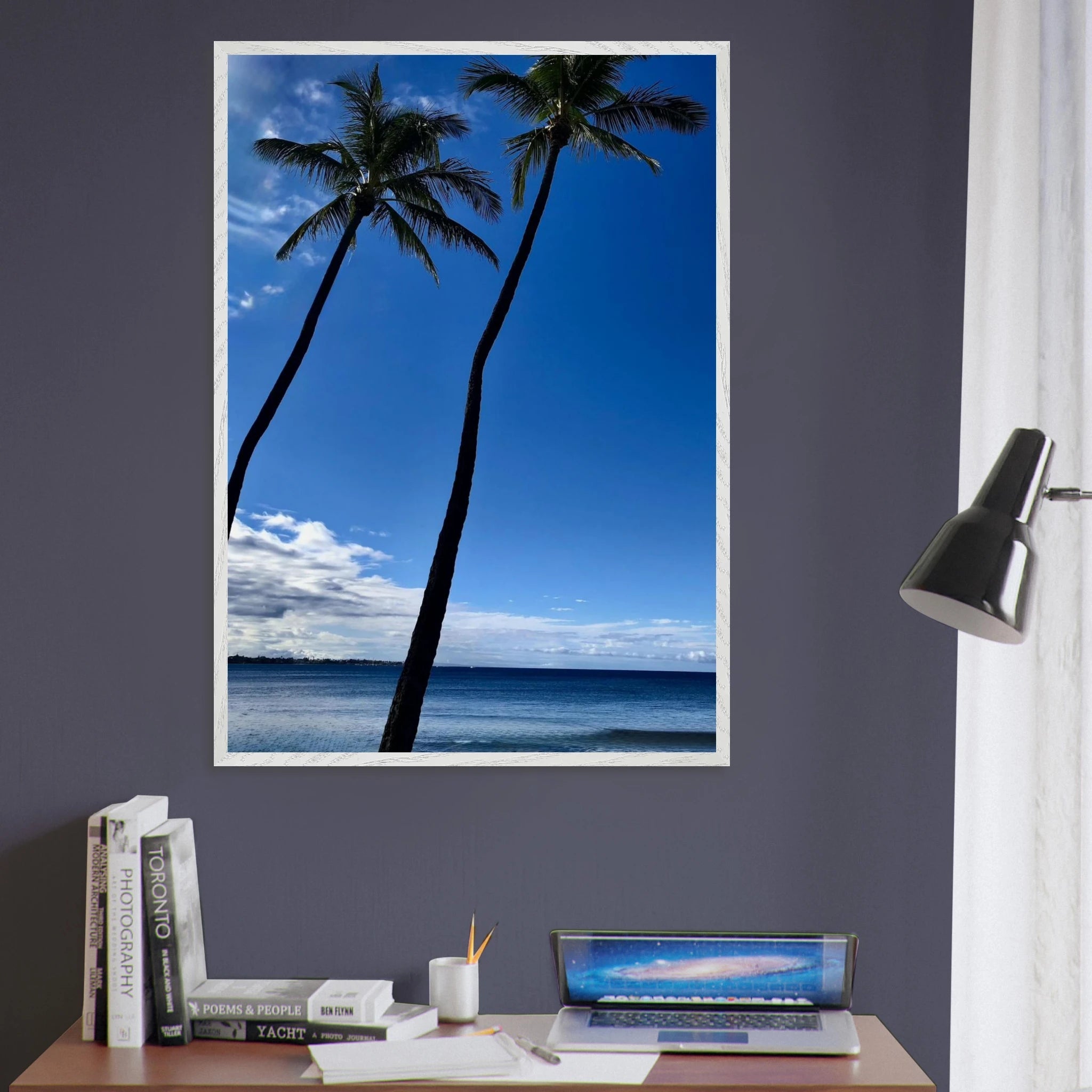 Framed print of Hawaii iconic palm tree twins and Pacific waves from CaliCuration's Travel Collection Studio Edition Spring 2026.