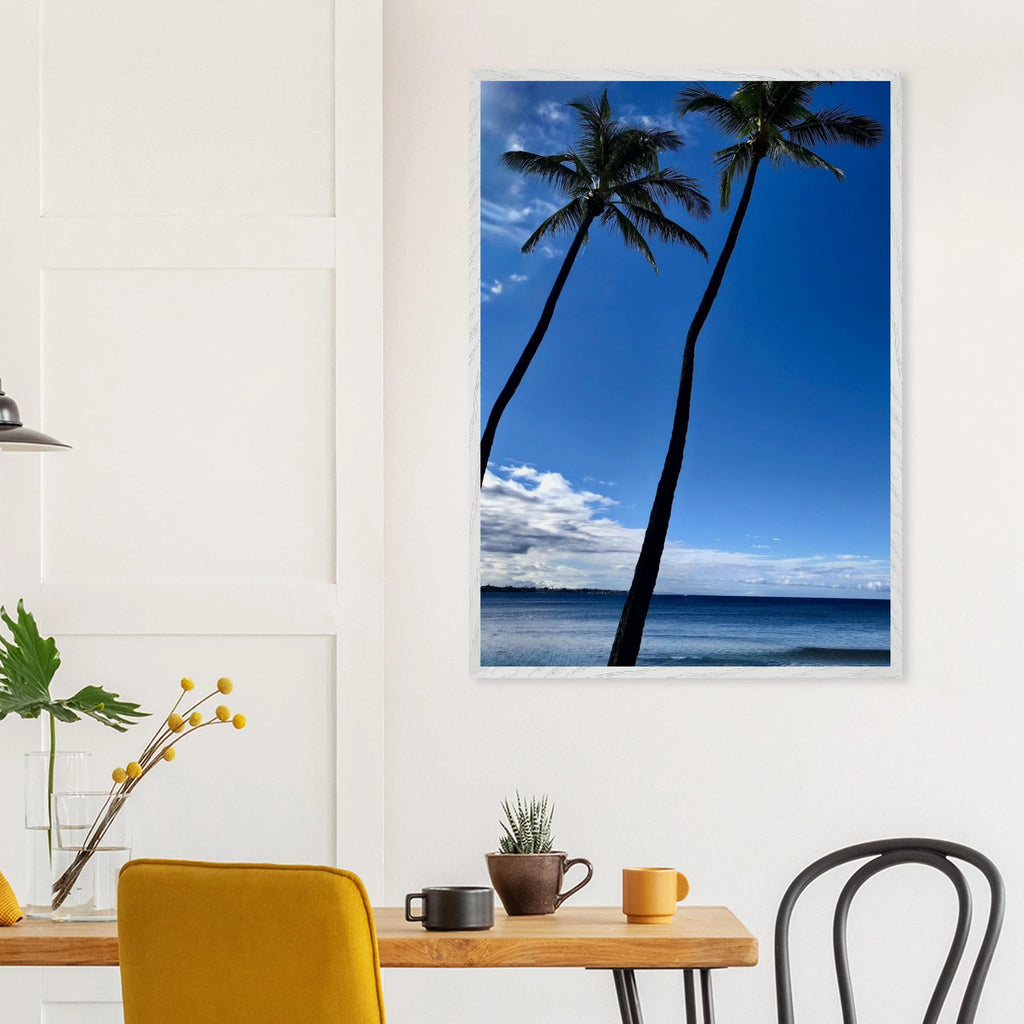 Framed print of Hawaii iconic palm tree twins and Pacific waves by CaliCuration, 15x20 cm, mounted in a white frame.
