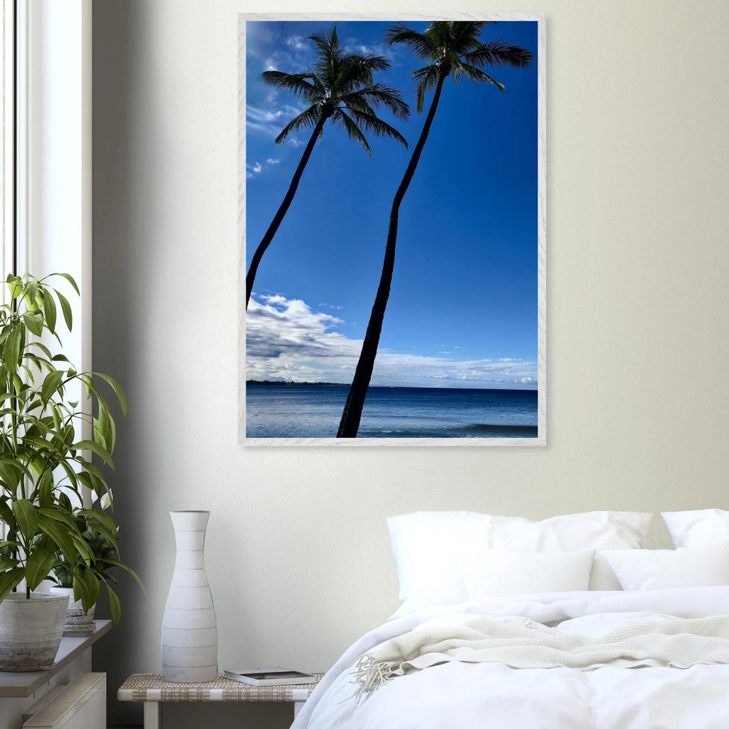 Hawaii-themed framed poster featuring iconic palm tree twins and Pacific waves, mounted print by CaliCuration.