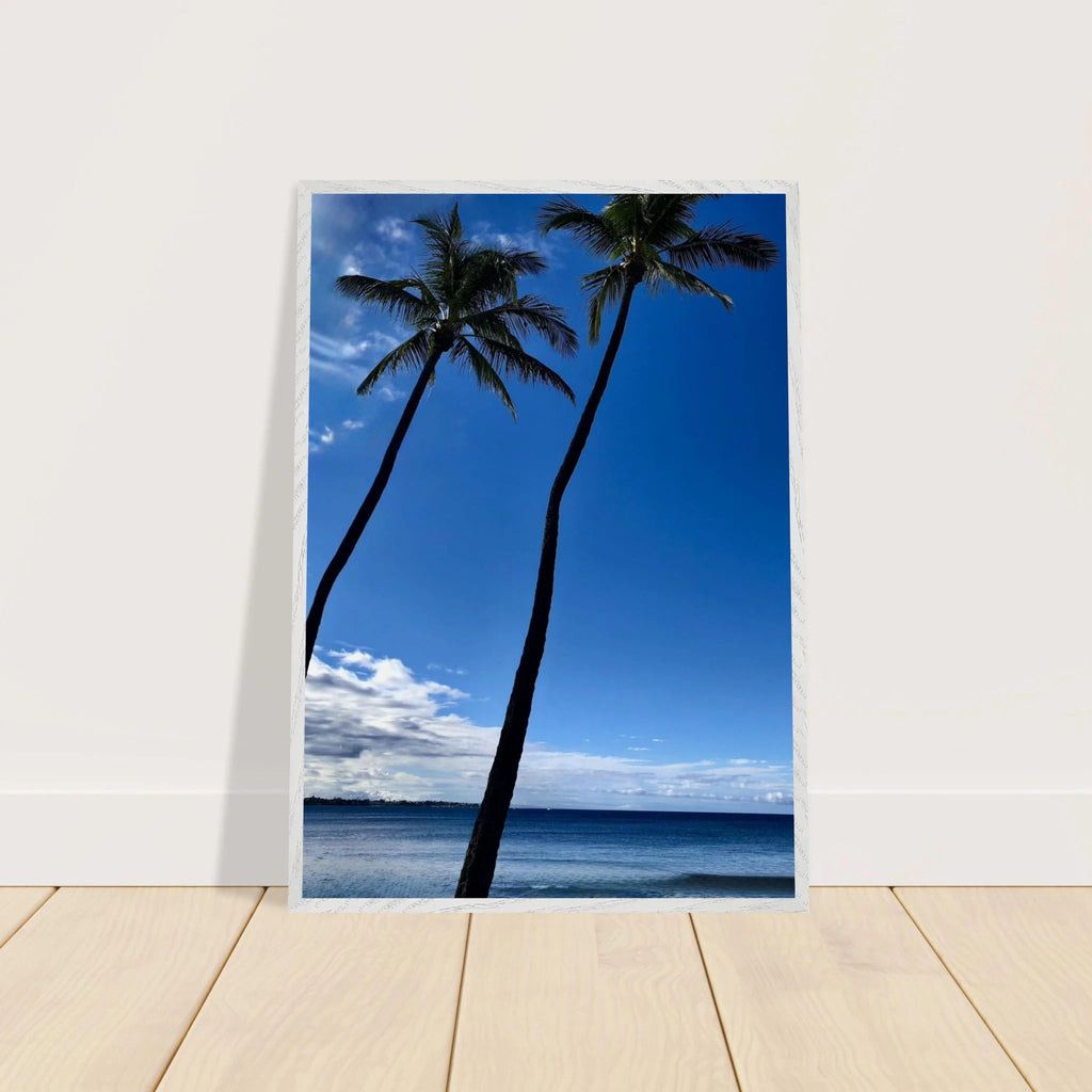 Hawaii framed poster featuring iconic twin palm trees and Pacific waves, printed on high-quality material with a white frame.