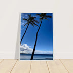 Hawaii framed poster featuring iconic twin palm trees and Pacific waves, printed on high-quality material with a white frame.