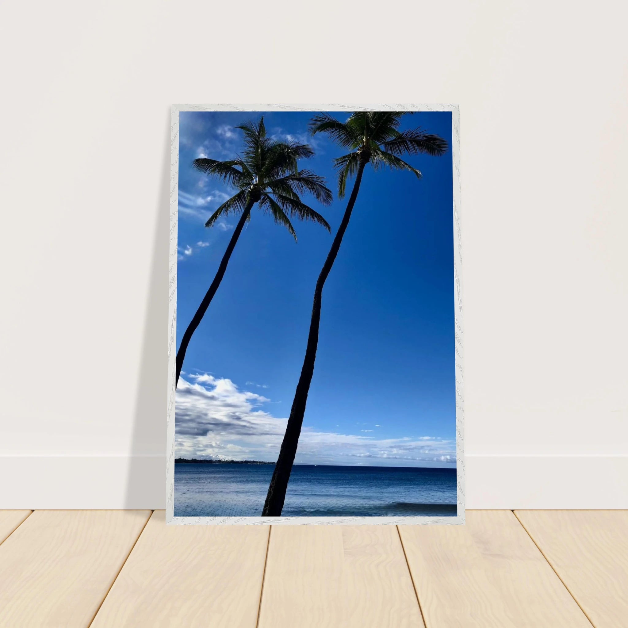 Hawaii framed poster featuring iconic twin palm trees and Pacific waves, printed on high-quality material with a white frame.