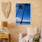 Hawaii-themed framed poster featuring iconic palm trees and Pacific waves, mounted on white frame, part of CaliCuration’s travel collection.