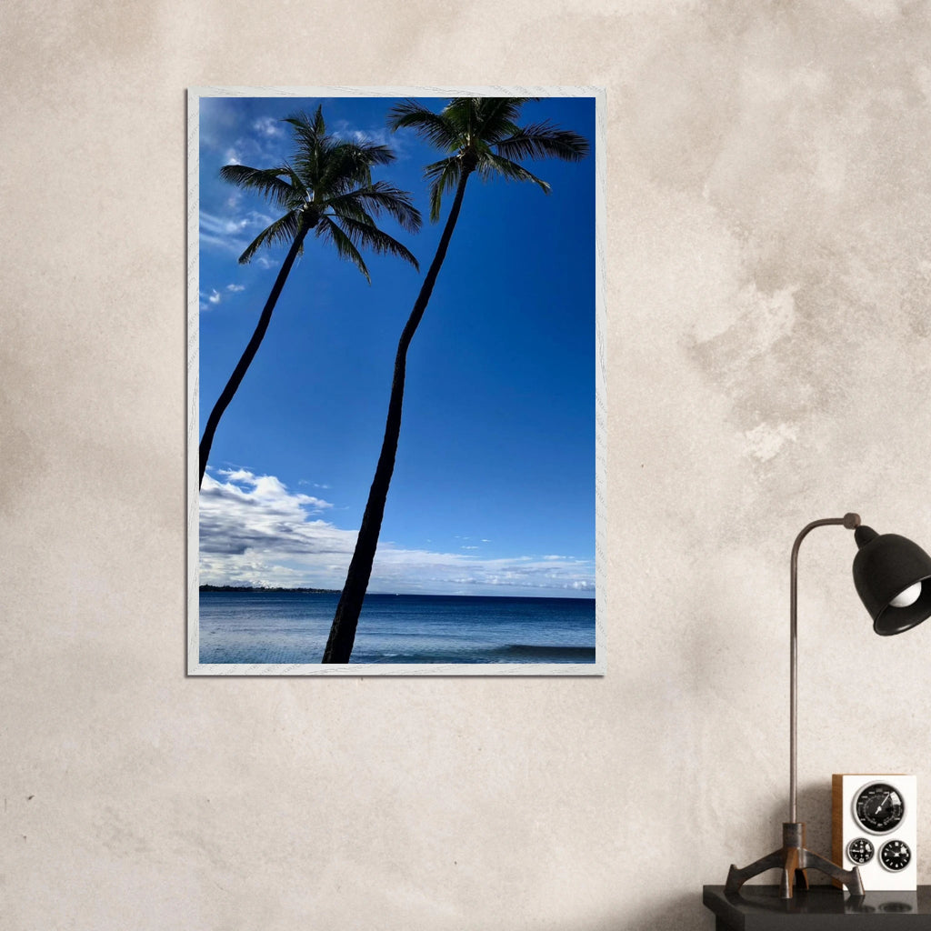 Framed print of Hawaii iconic palm trees and Pacific waves, CaliCuration travel collection studio edition, 15x20 cm, mounted in white frame.