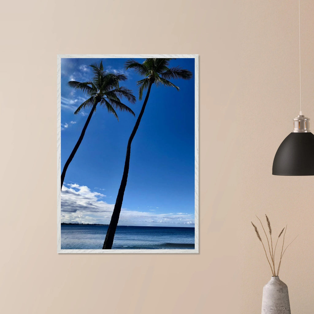 Framed print of Hawaii iconic palm tree twins and Pacific waves on white frame, part of CaliCuration’s travel collection.