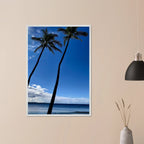 Framed print of Hawaii iconic palm tree twins and Pacific waves on white frame, part of CaliCuration’s travel collection.