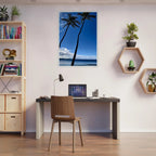 Hawaii-themed framed print featuring iconic palm tree twins and Pacific waves, mounted on white frame, part of CaliCuration Travel Collection.