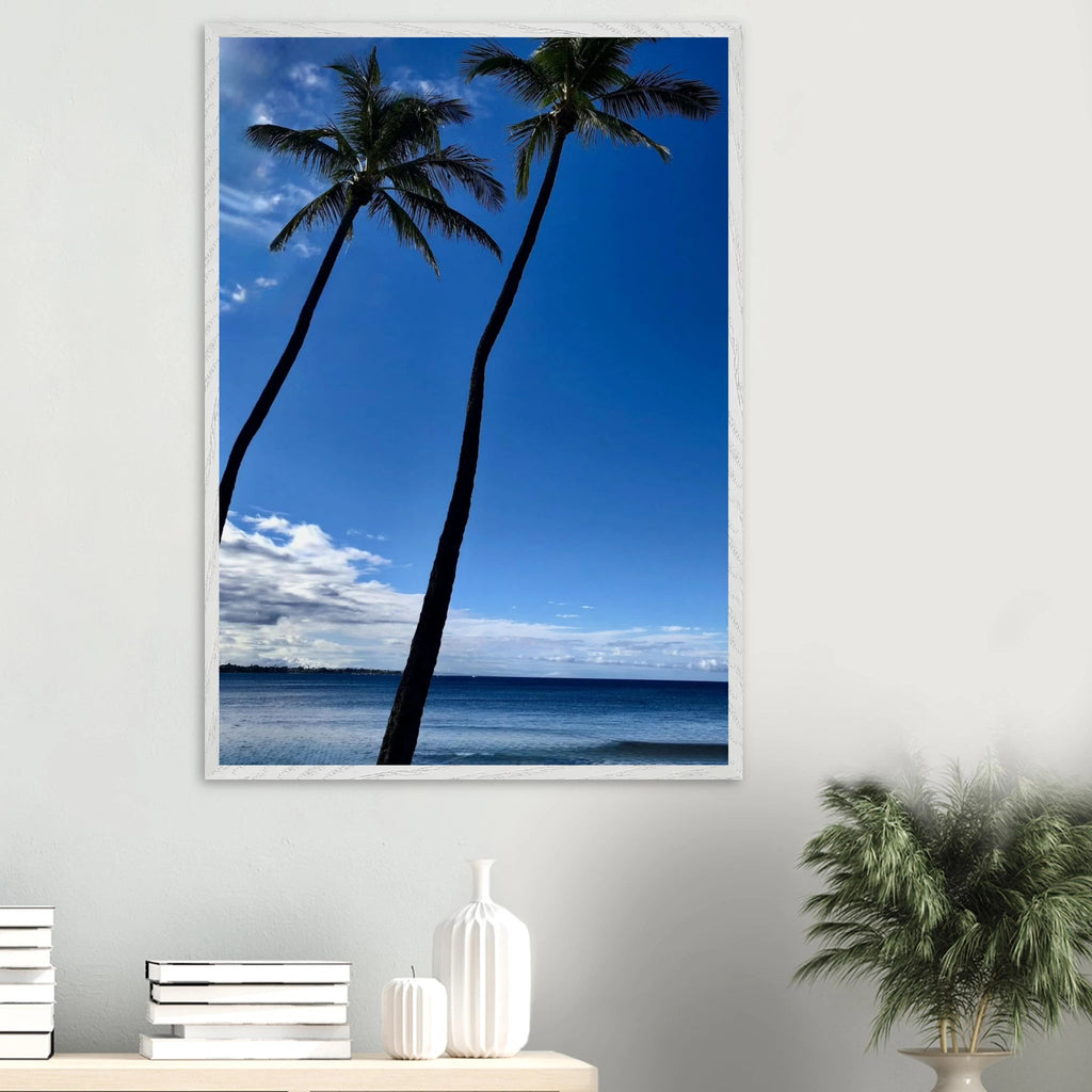 Framed Hawaii travel poster featuring iconic palm trees and Pacific waves in a 15x20 cm print with white frame by CaliCuration.