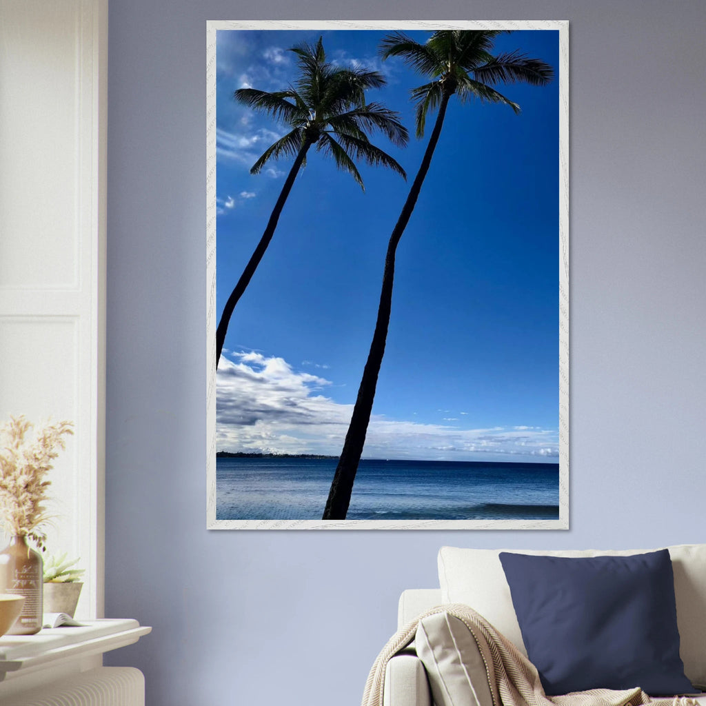 Framed print of Hawaii's iconic palm tree twins and Pacific waves, 15x20 cm, featuring travel-themed artwork by CaliCuration.