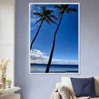 Framed print of Hawaii's iconic palm tree twins and Pacific waves, 15x20 cm, featuring travel-themed artwork by CaliCuration.