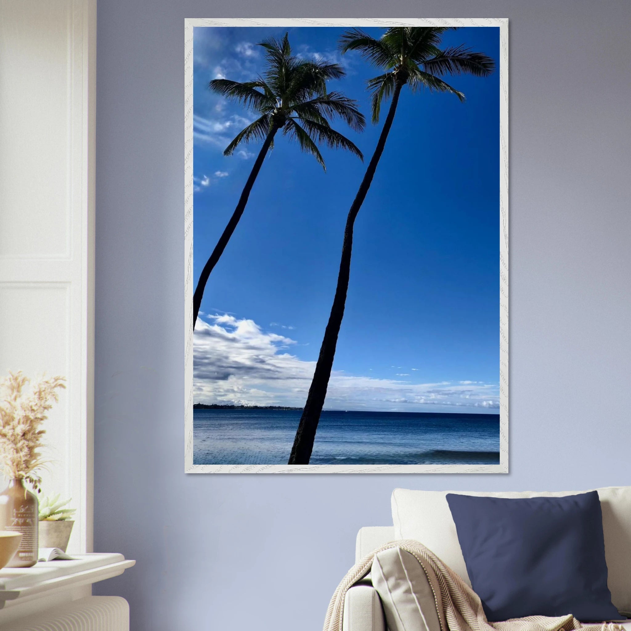 Framed print of Hawaii's iconic palm tree twins and Pacific waves, 15x20 cm, featuring travel-themed artwork by CaliCuration.