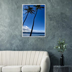 Framed Hawaii travel poster featuring iconic palm trees and Pacific waves, mounted on white frame in 15x20cm print.