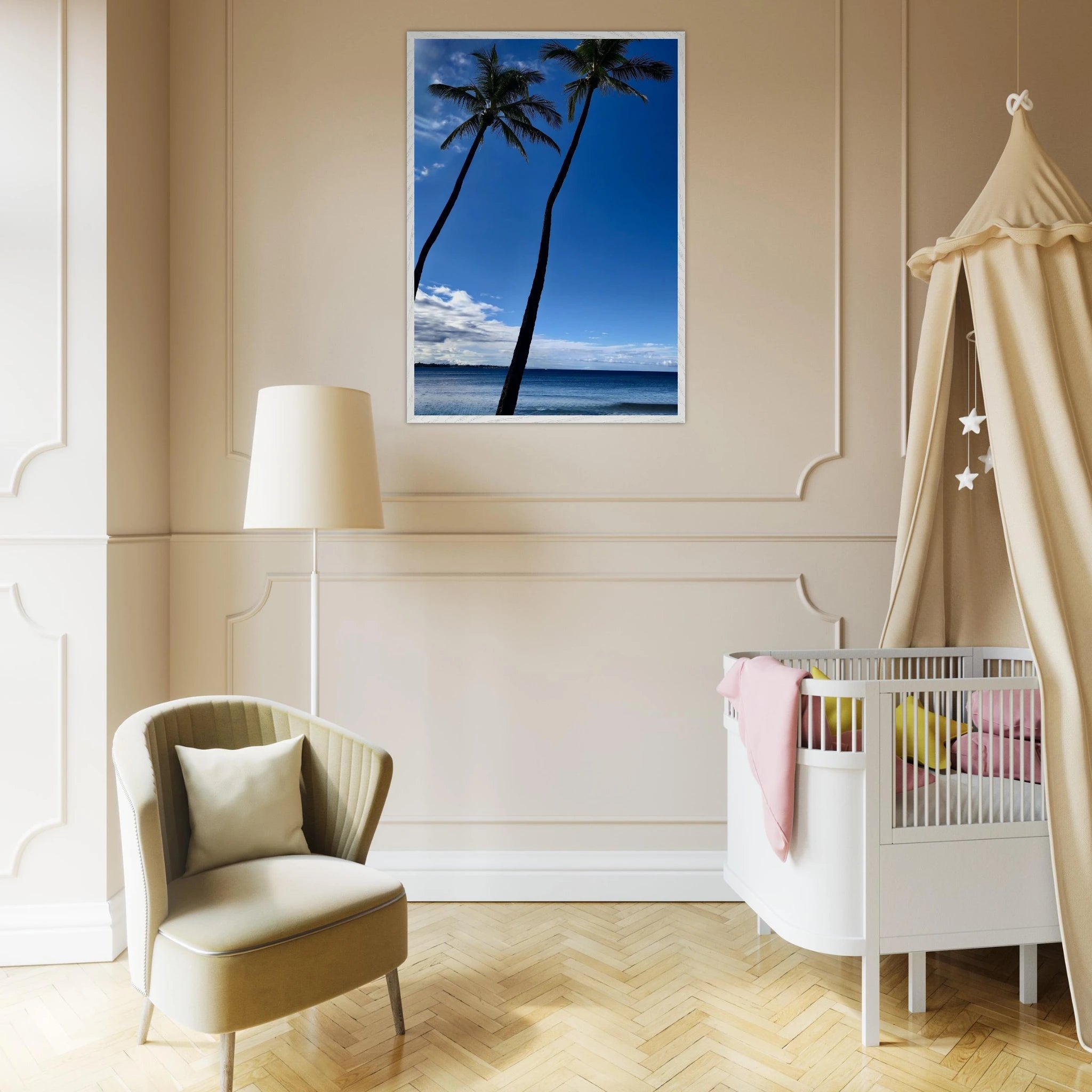 Frame with Hawaii-themed print featuring iconic palm tree twins and Pacific waves, mounted in a white frame, part of CaliCuration's travel collection.