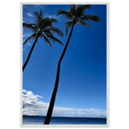 Framed Hawaii travel poster featuring iconic palm trees and Pacific waves, mounted on white frame, studio edition print.