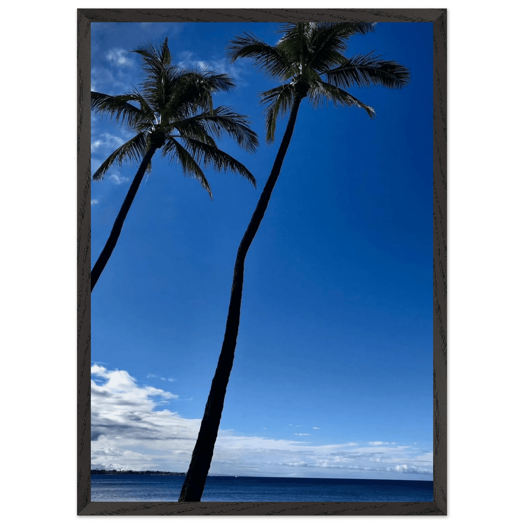 Framed Hawaii travel poster featuring iconic palm trees and Pacific waves, mounted on white frame by CaliCuration.