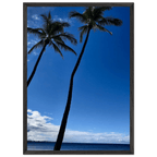 Framed Hawaii travel poster featuring iconic palm trees and Pacific waves, mounted on white frame by CaliCuration.