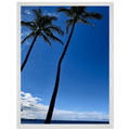 Hawaii Palm Tree Twins framed poster featuring Pacific waves, CaliCuration print on white frame, travel-themed wall art.