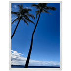 Framed print of Hawaii iconic palm tree twins and Pacific waves, CaliCuration travel collection studio edition 15x20 cm.
