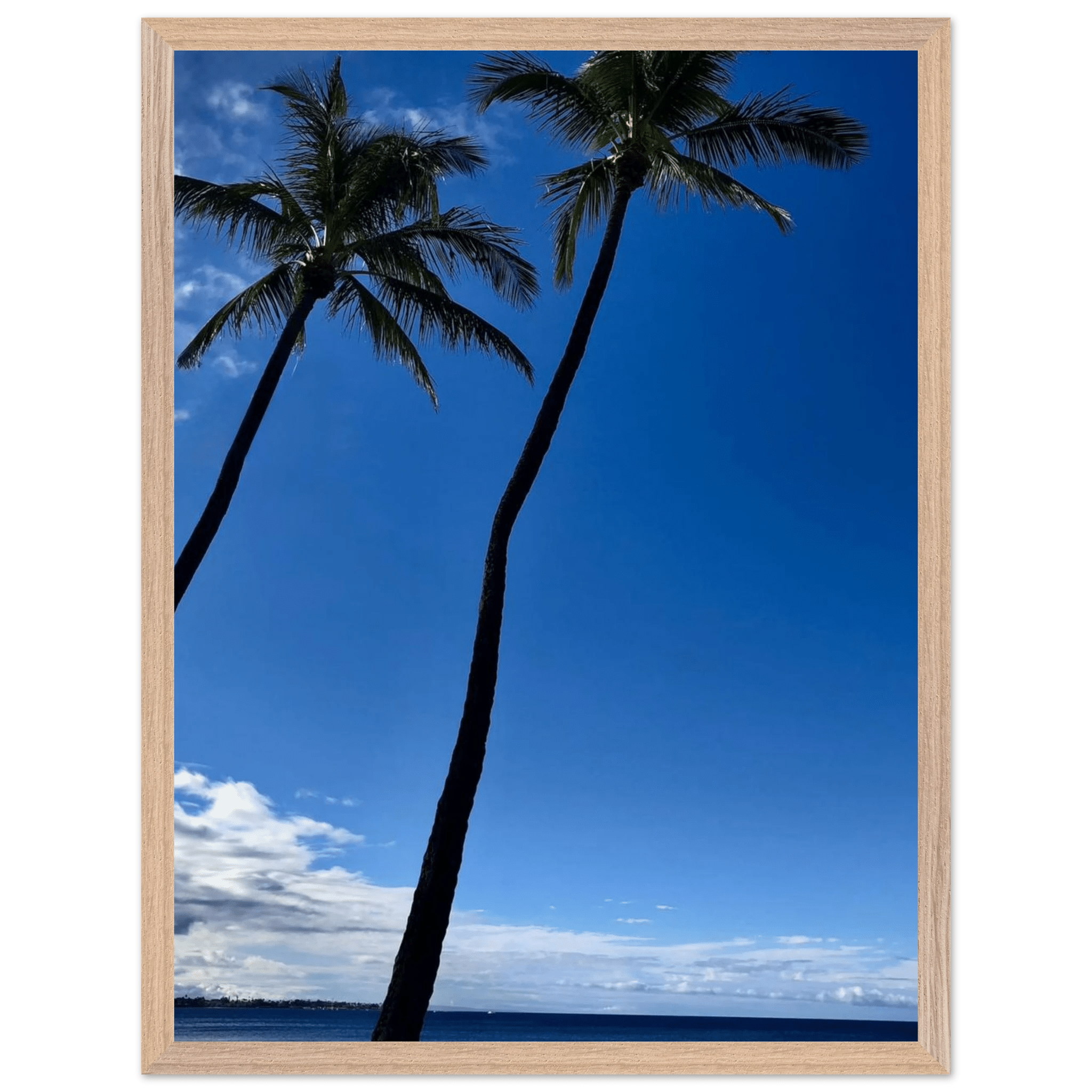 Framed poster of Hawaii with iconic twin palm trees and Pacific waves, part of CaliCuration's travel collection print.