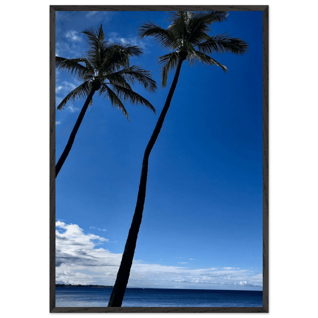 Framed print of Hawaii iconic palm tree twins and Pacific waves, CaliCuration travel collection studio edition, 15x20 cm.