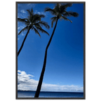 Framed print of Hawaii iconic palm tree twins and Pacific waves, CaliCuration travel collection studio edition, 15x20 cm.