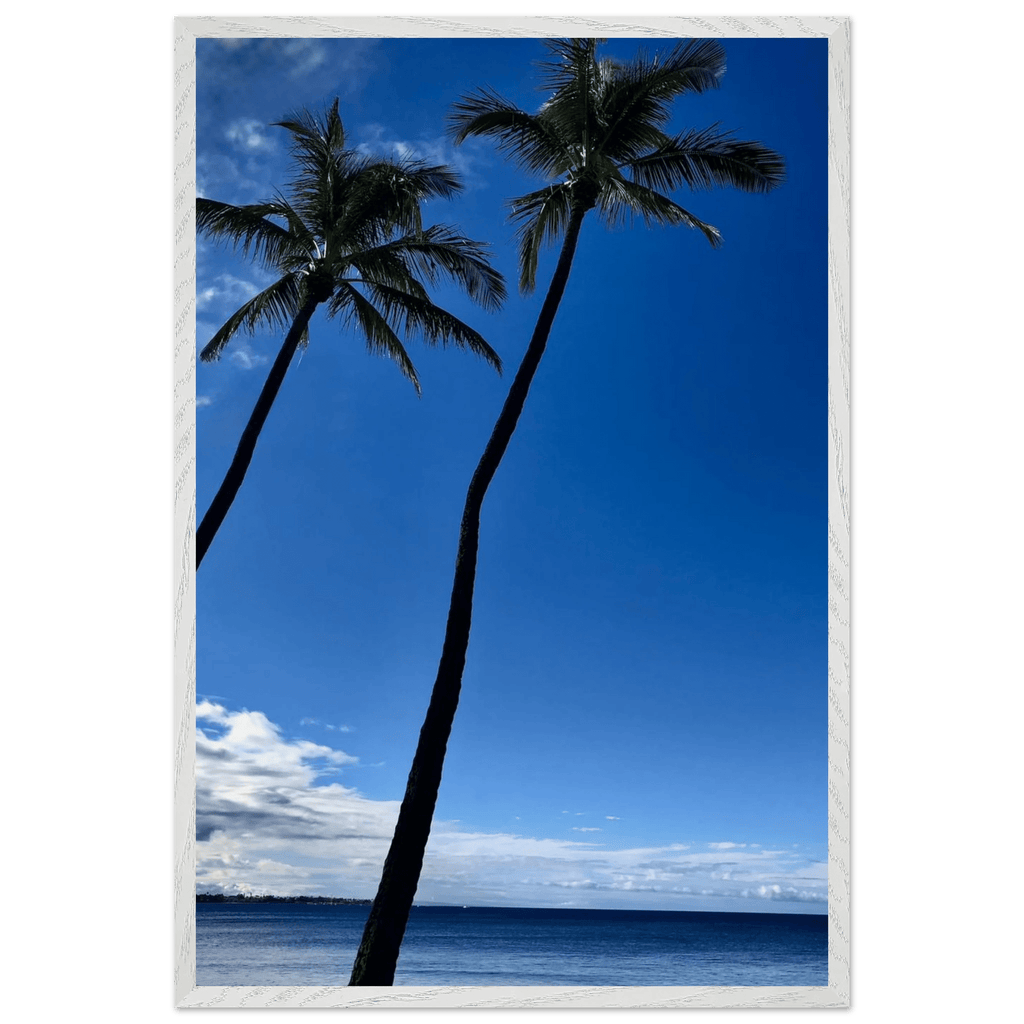 Framed Hawaii travel poster featuring iconic palm tree twins and Pacific waves by CaliCuration, 15x20 cm print with white frame.