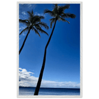 Framed Hawaii travel poster featuring iconic palm tree twins and Pacific waves by CaliCuration, 15x20 cm print with white frame.