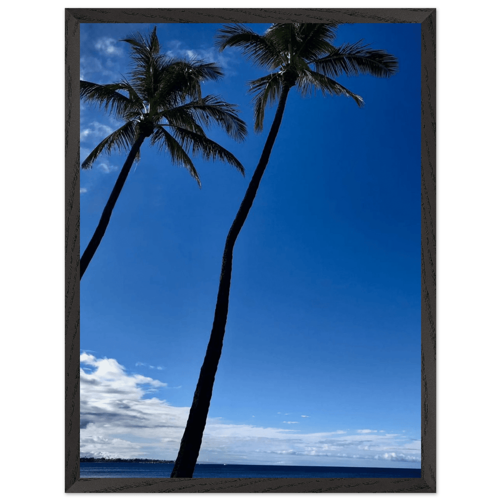 Hawaii-themed framed print featuring iconic palm trees and Pacific waves, mounted on white frame, part of CaliCuration Travel Collection.