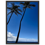 Hawaii-themed framed print featuring iconic palm trees and Pacific waves, mounted on white frame, part of CaliCuration Travel Collection.