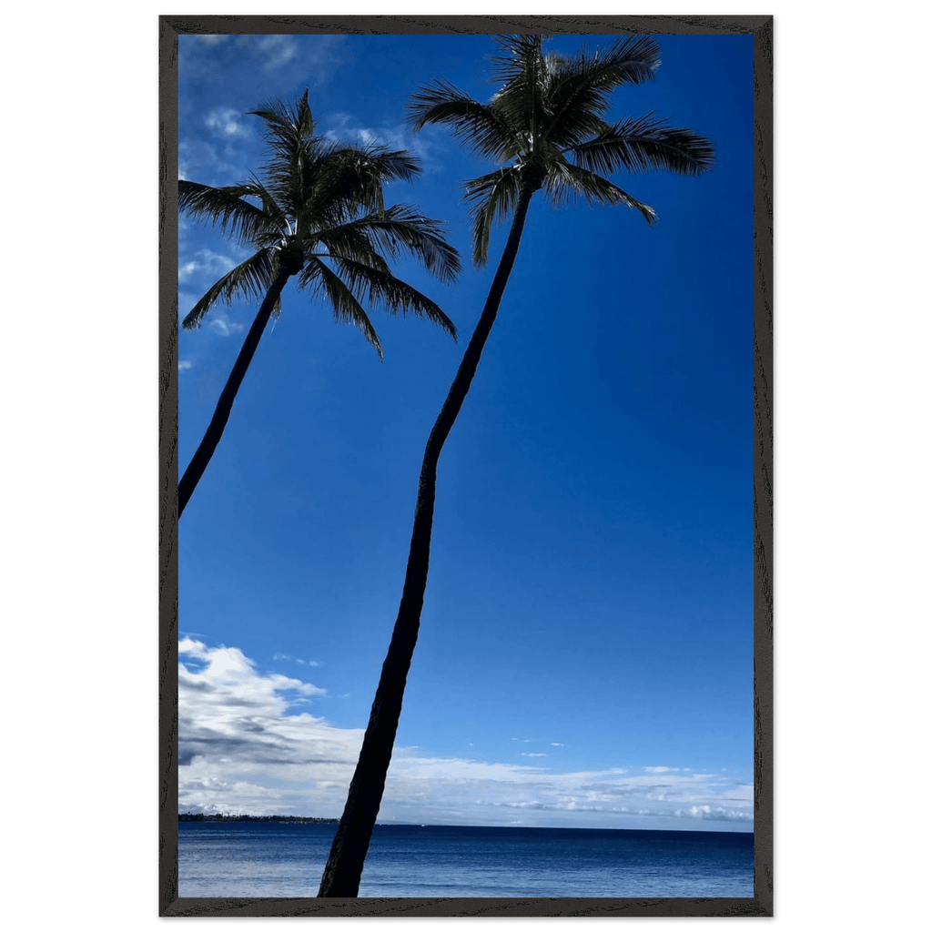 Framed print of Hawaii iconic palm tree twins and Pacific waves, 15x20 cm CaliCuration travel collection studio edition artwork.