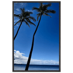 Framed print of Hawaii iconic palm tree twins and Pacific waves, 15x20 cm CaliCuration travel collection studio edition artwork.